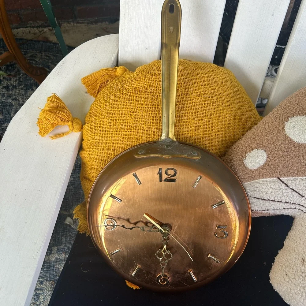 Vintage Copper Frying Pan Wall Clock with Brass Handle